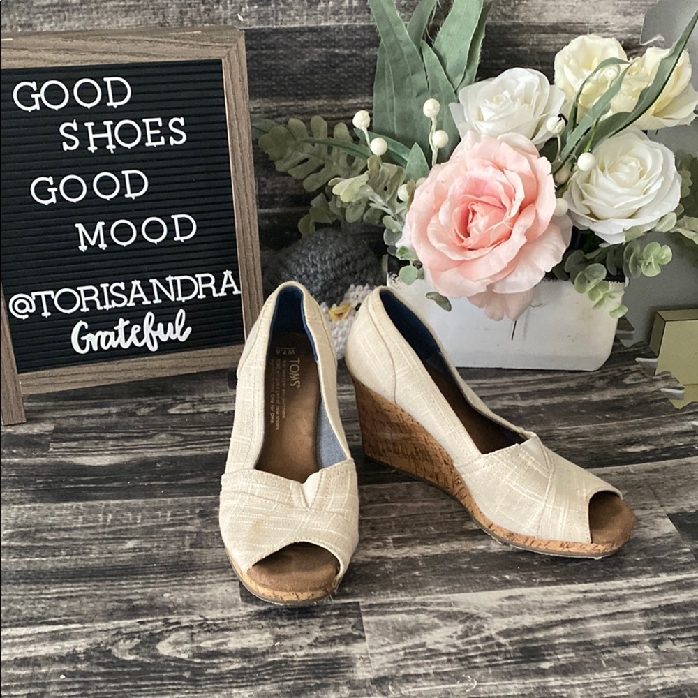 Toms Cream Wedge Peep-Toe canvas Shoes